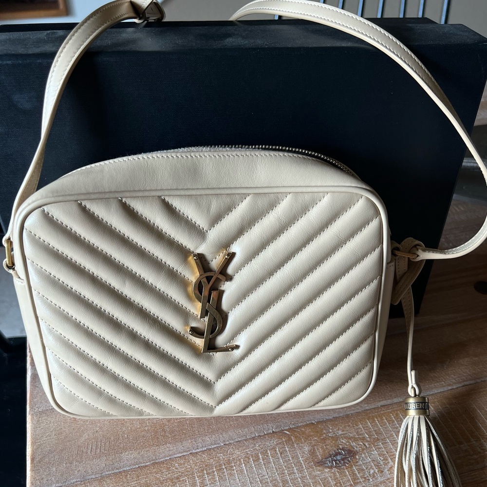 YSL Lou camera bag, quilted leather. Camel color.